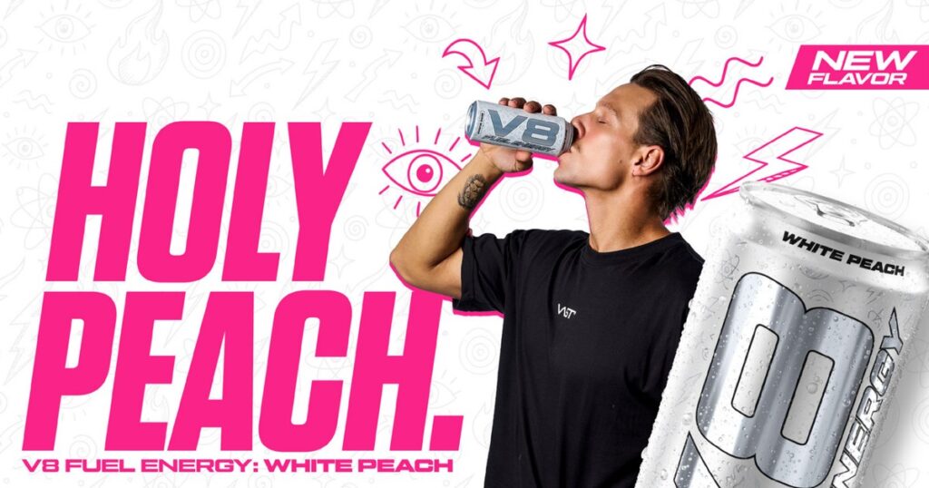 V8 Fuel Energy White Peach in der silbernen Dose