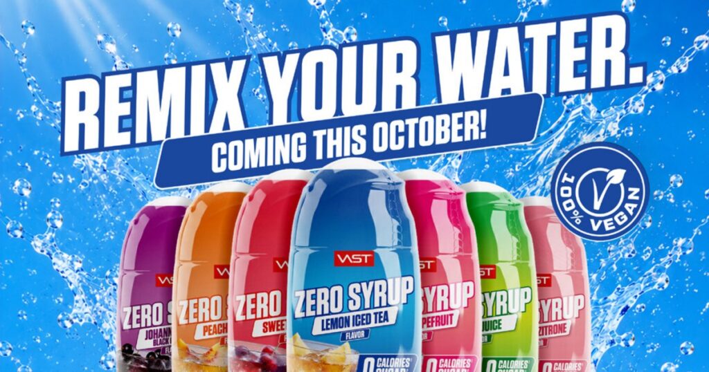 VAST Zero Syrup Flaschen in verschiedenen Sorten vor Wasser-Splash